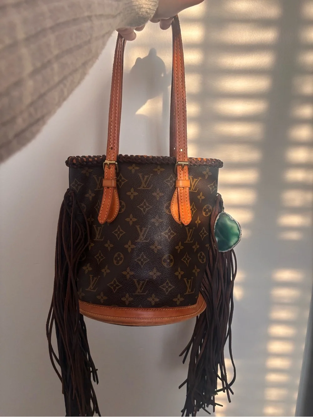 Louis Vuitton Brown Monogram Fringe Bucket Tote with Tan Trim vintage boho bag